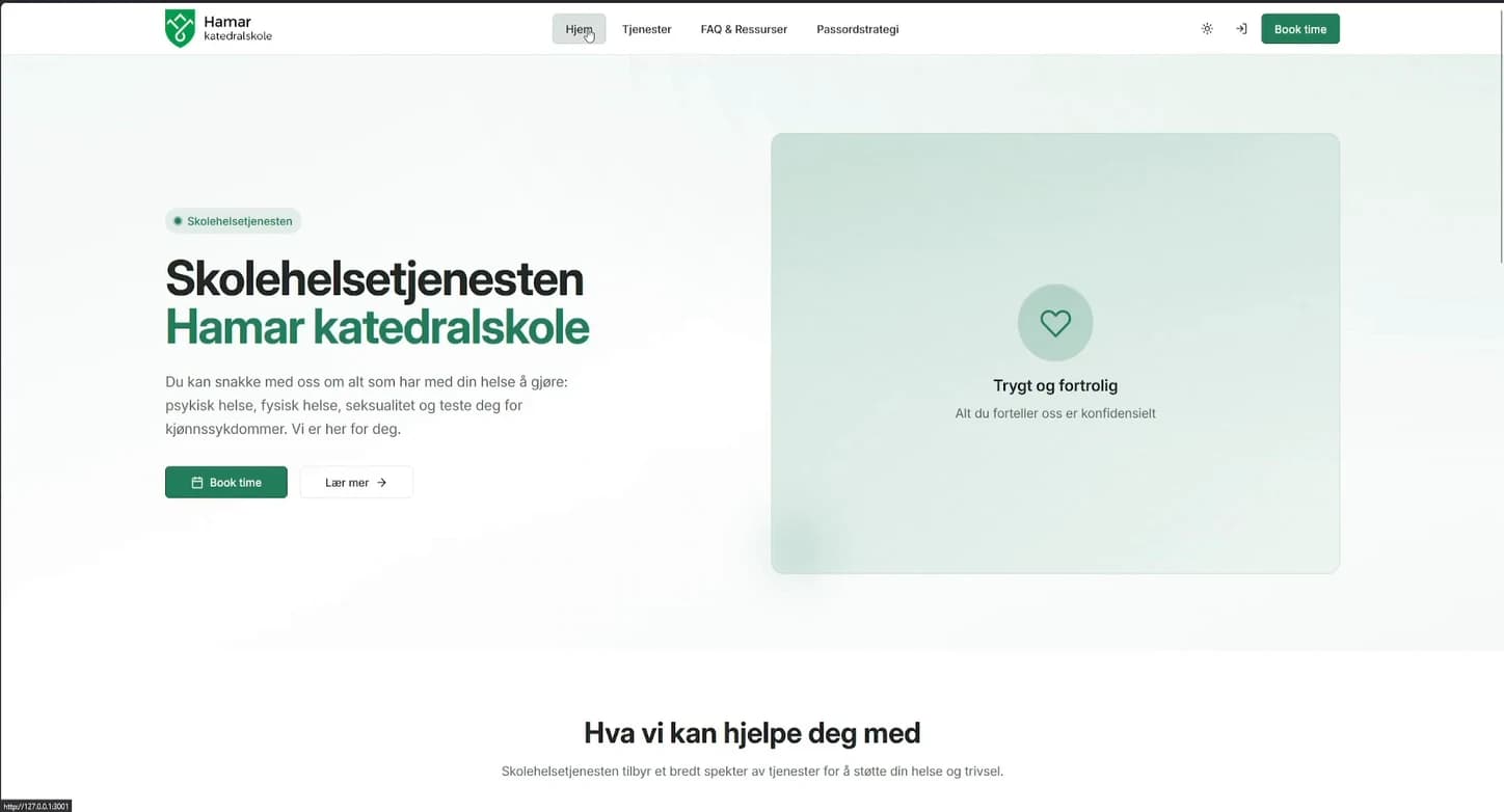 Skjermopptak av nettsiden til skolehelsetjenesten ved Hamar katedralskole.