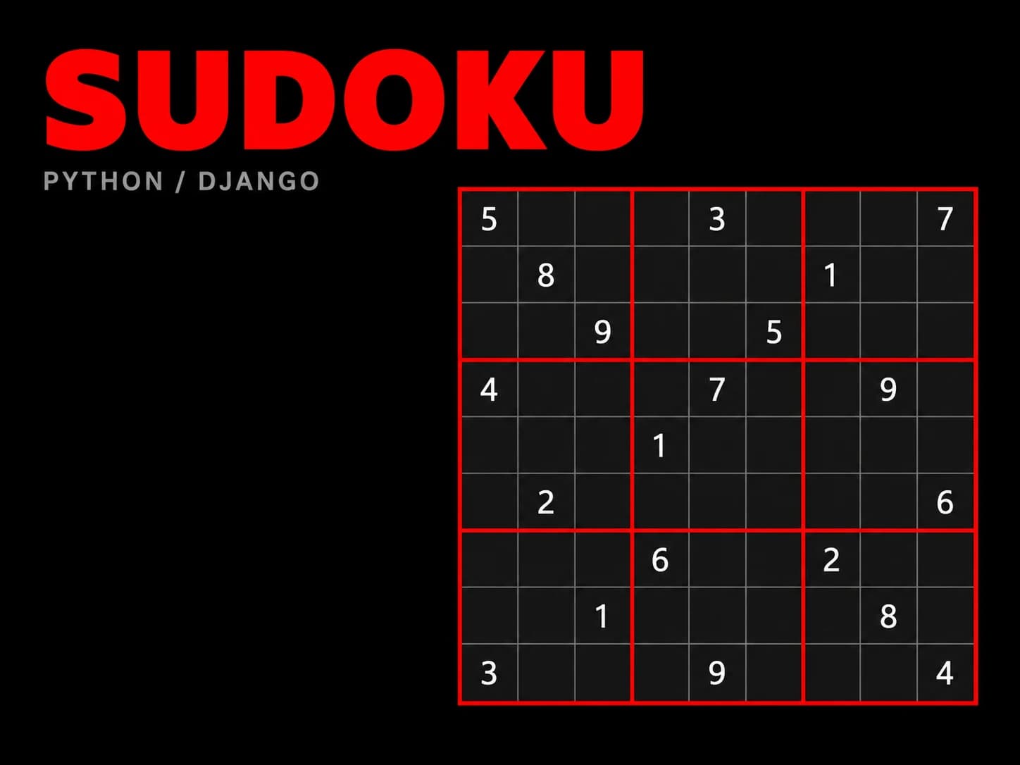 Sudoku — svart omslag med rød tittel og et spillbrett.